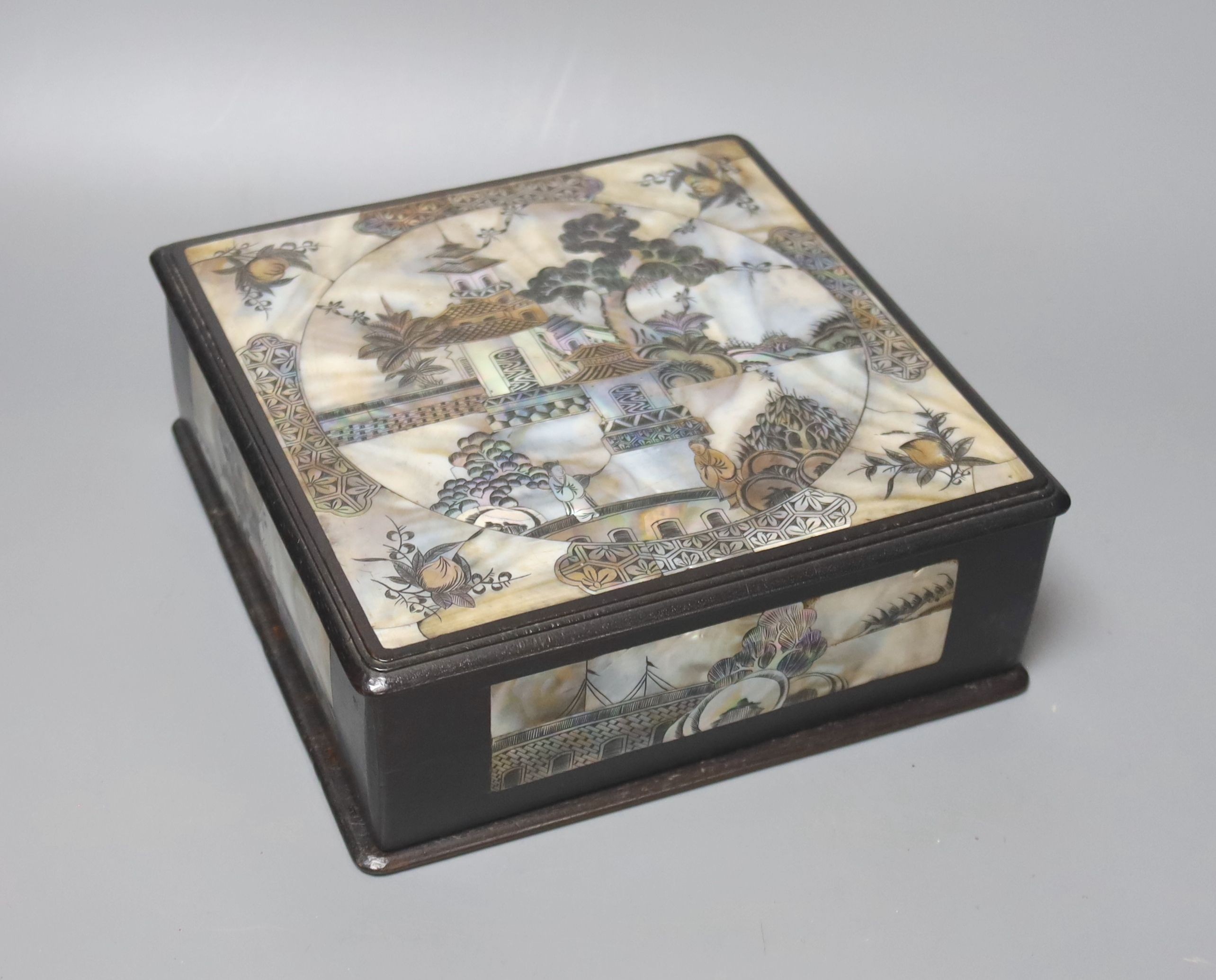 A Chinese mother of pearl inlaid hardwood square box and cover 20.5cm